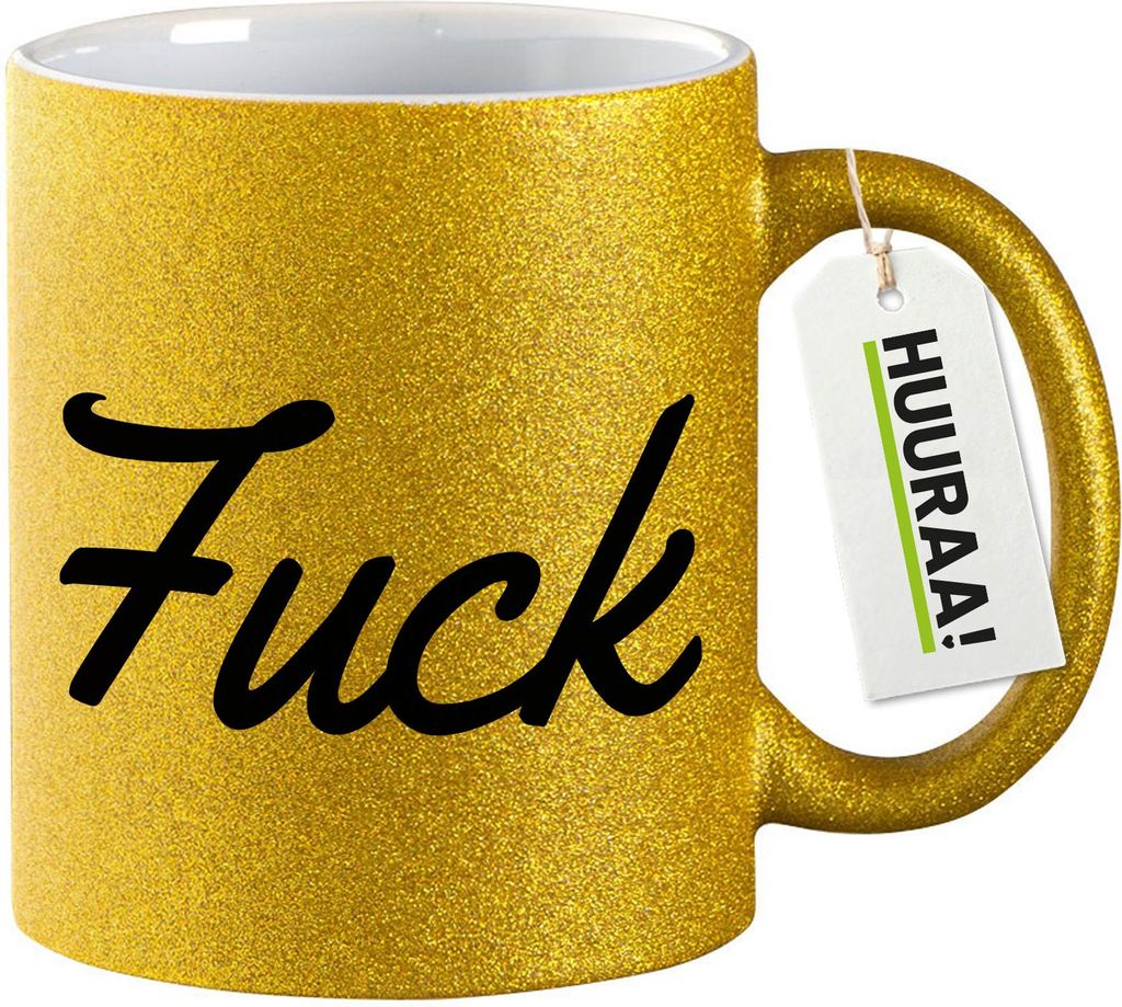 Huuraa Glitzertasse Fuck englisch Schriftzug 330ml Gold Keramik Kaffeebecher Geschenkidee