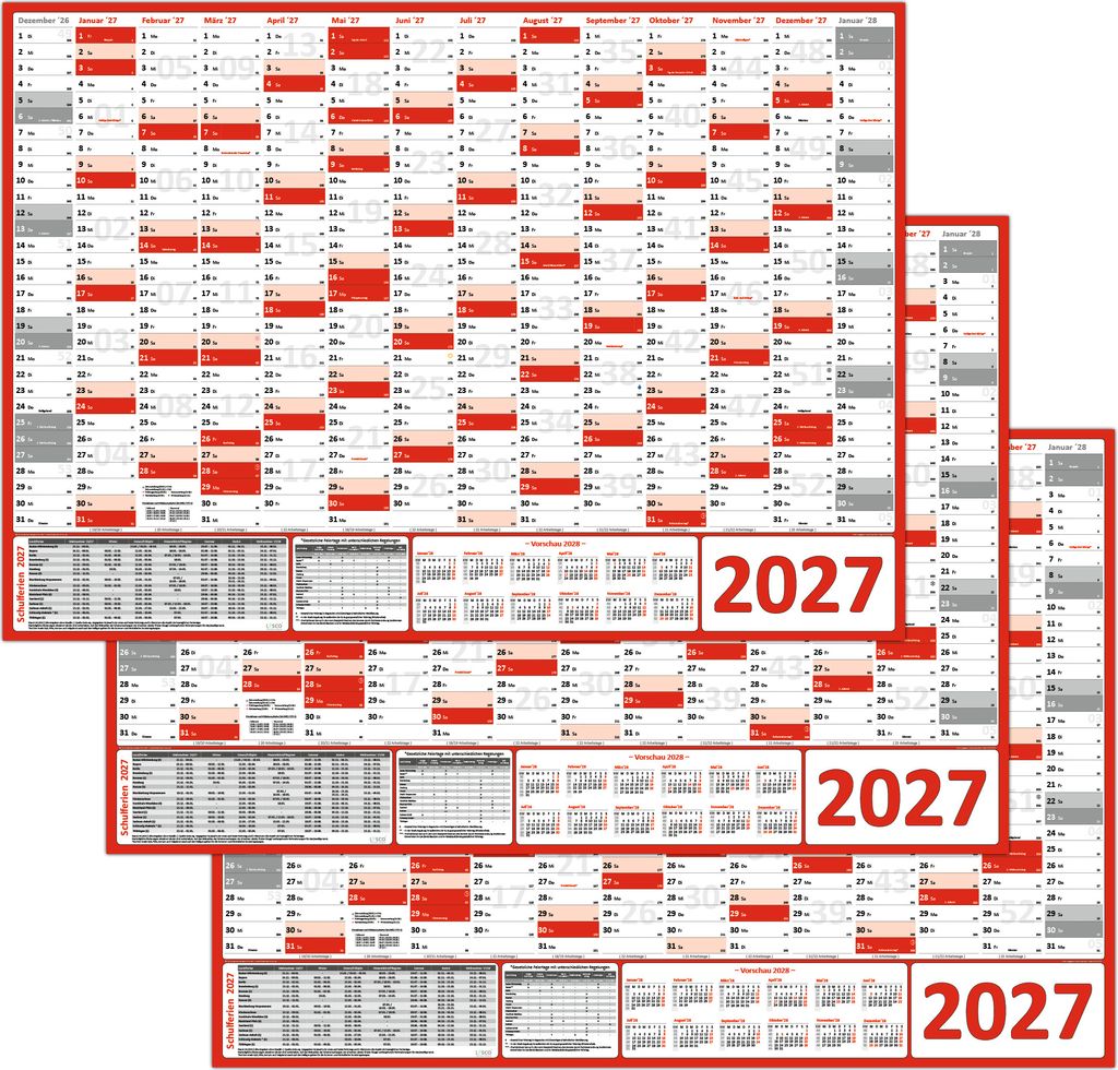 3 Stück XXL Wandkalender Wandplaner 2027 rot (gerollt) DIN A0 Format (841 x 1189 mm) 14 Monate, komplette Jahresvorschau Folgejahr und Ferientermi...