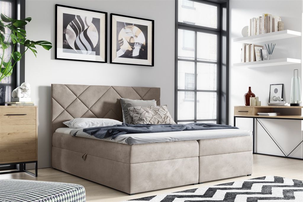 Boxspringbett Schlafzimmerbett 140x220cm LAZARO Nr.3 Ecru inkl. Bettkasten