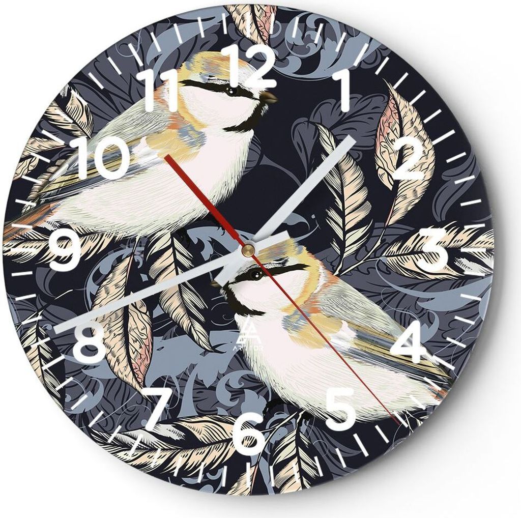 Wanduhr - Rund - Glasuhr - Vögel Blätter Ornament - 30x30cm - Schleichendes Uhrwerk - Lautlos - zum Aufhängen bereit - Dekoration Modern - Wandd...