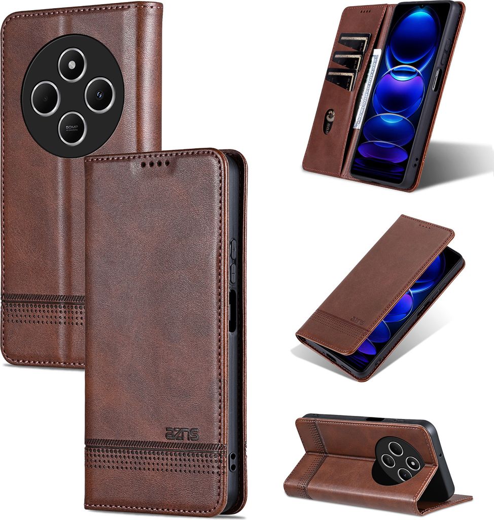 Leder Hülle für Xiaomi Redmi 14C / Poco C75 4G, Klapphüllen Brieftasche Magnetverschluss Ständer Schutzhülle Kaffee