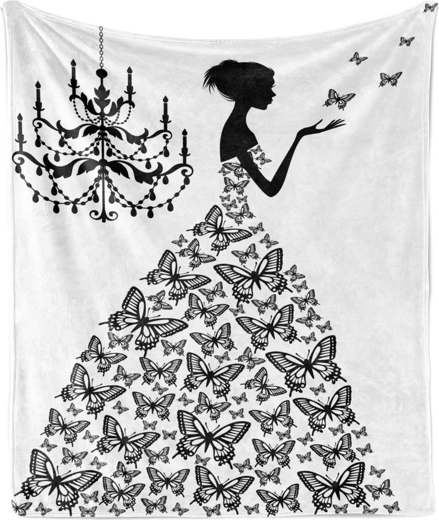 ABAKUHAUS Couverture polaire flanelle Madame Butterfly 175 x 230 cm N&B
