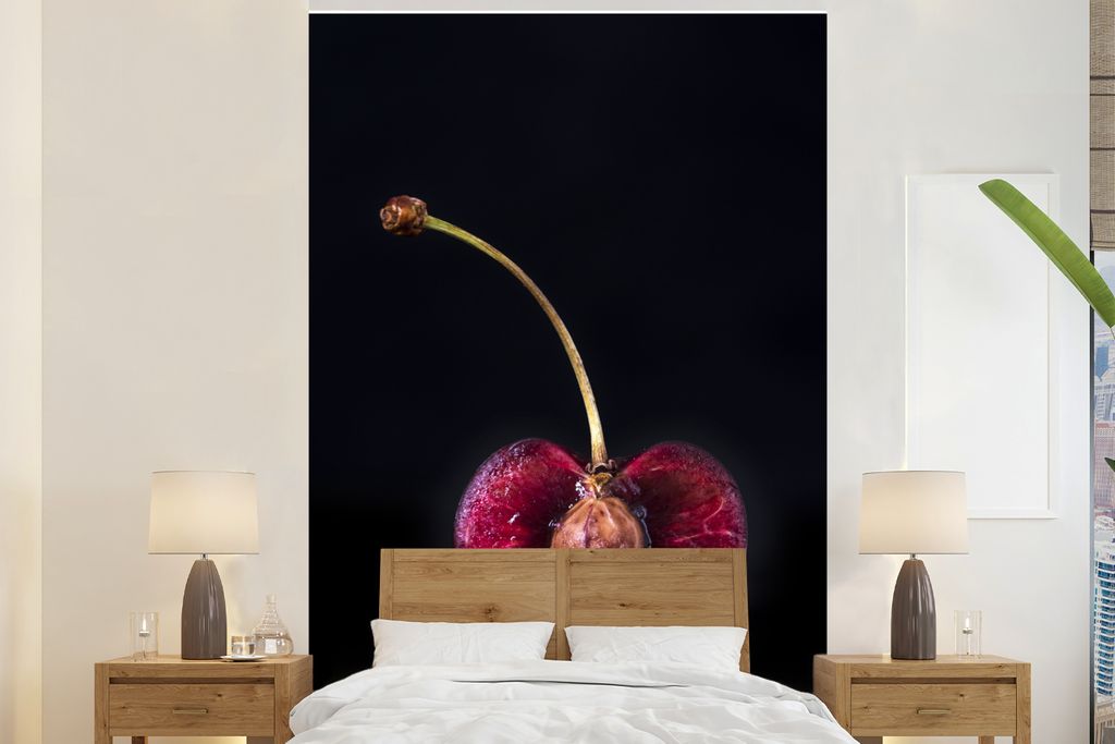 MuchoWow Fototapete für Wohnzimmer oder Schlafzimmer Wandtapete Vinyl Motivtapete Kirsche - Querschnitt - Schwarz - 170x260 cm - Wohnzimmertapete