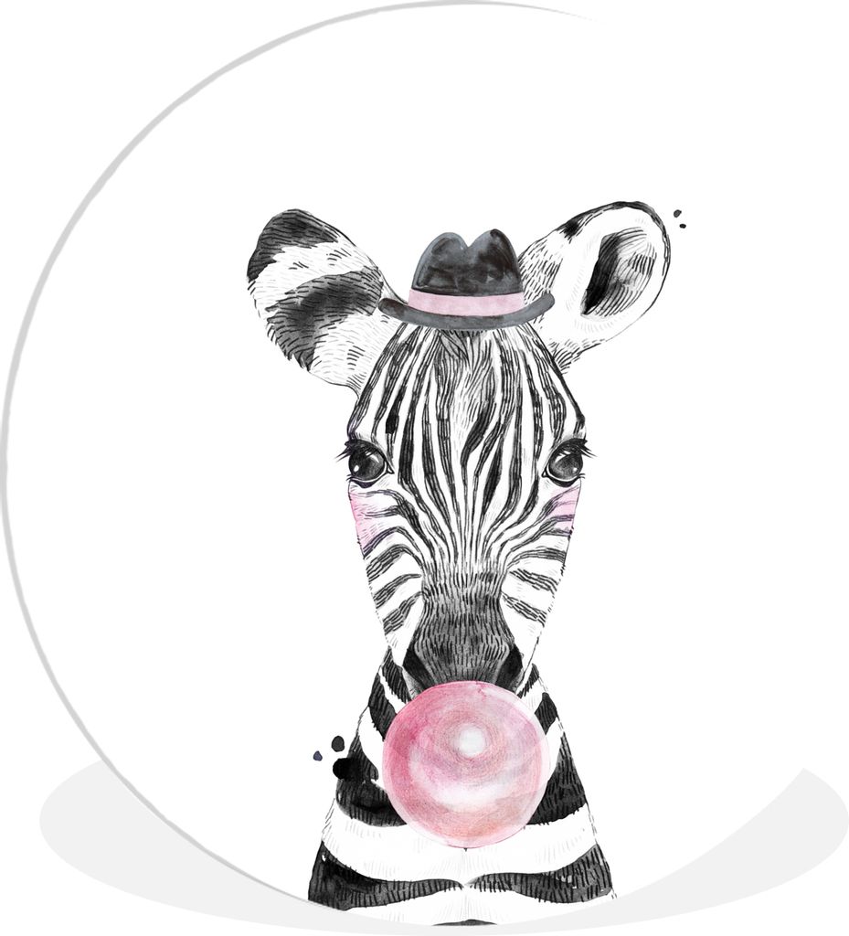 MuchoWow Rundes Wandbild - Runde Bilder Zebra - Mädchen - Kind - Tiere - Kaugummi - Rosa Ø 60 cm Kreis Wanddekoration Kunststoff - Wandkreis - ...