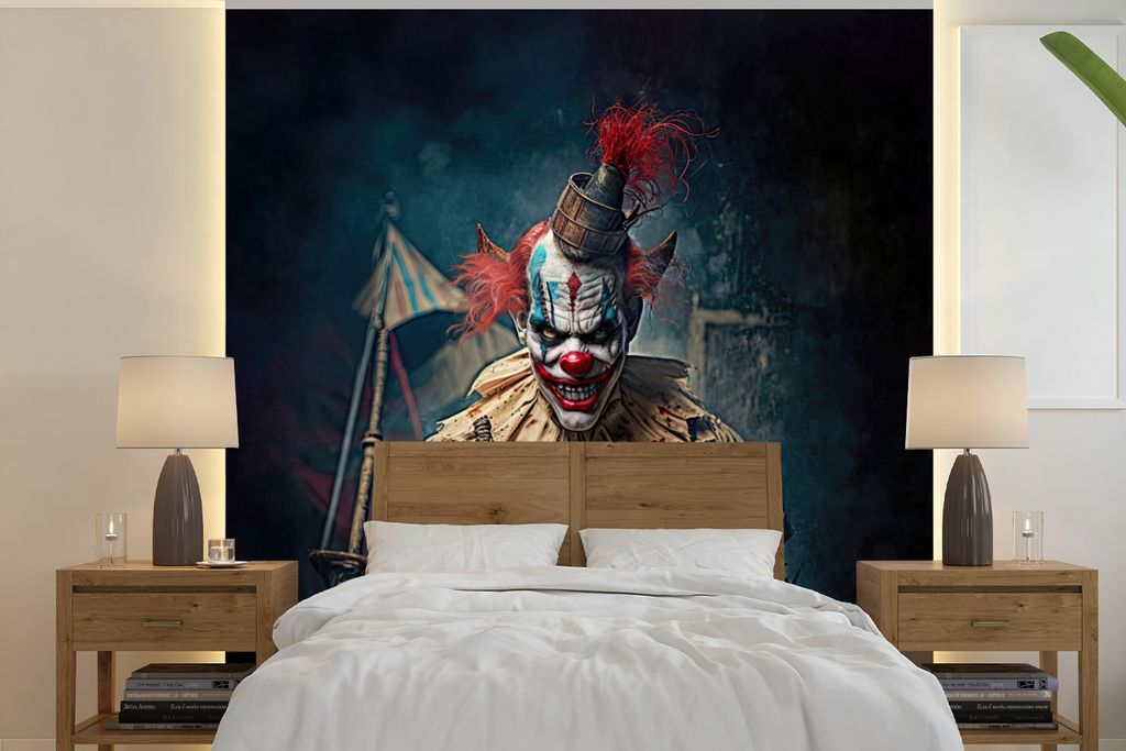 MuchoWow Fototapete für Wohnzimmer oder Schlafzimmer Wandtapete Vinyl Motivtapete Clown - Horror - Kleidung - Porträt - 240x240 cm - Schlafzimm...