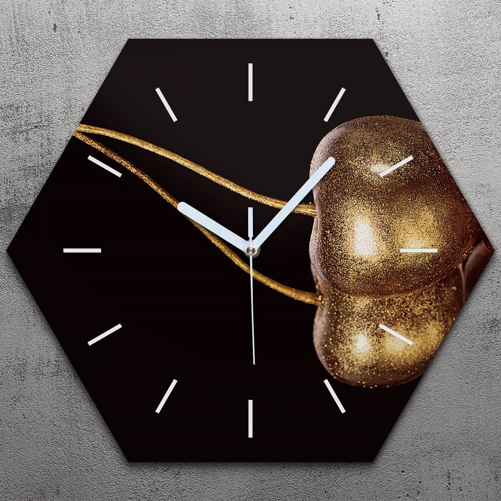 Uhr hexagonal 40 cm Glas Geräuschlos weiße Zeiger - Goldenes Gemüse Früchte