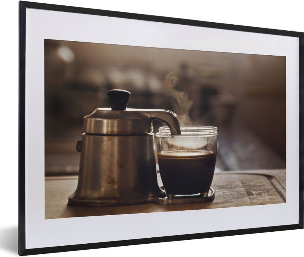 MuchoWow Gerahmtes Poster Eine kleine Kaffeekanne mit zwei Tassen Kaffee 60x40 cm - Poster mit Schwarzem Bilderrahmen Wandposter Rahmen Foto Bild...