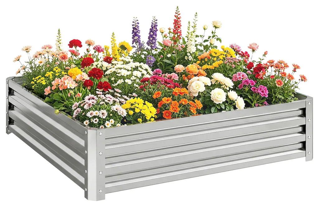 Parterre de jardin en acier argenté Outsunny, bac robuste 120x120 cm