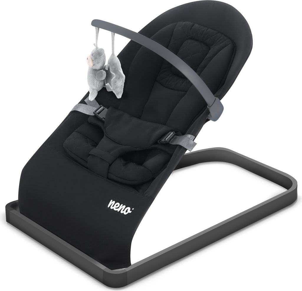 A black baby bouncer with grey toys attached to a bar.