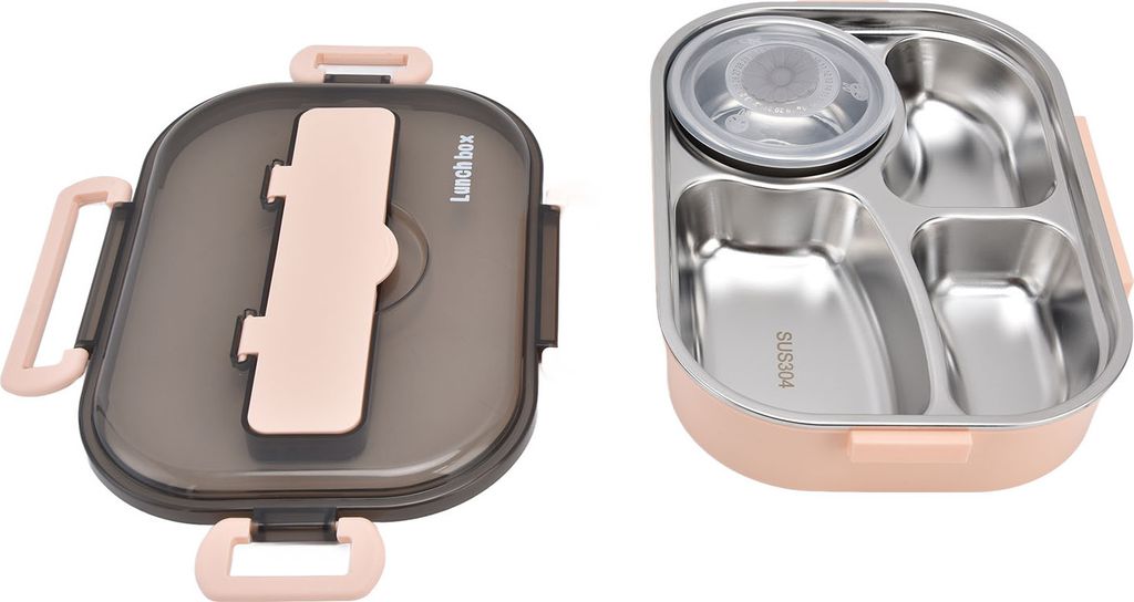 Tragbare Lunchbox für Kinder aus 304 Edelstahl, 1,3 l, Bento-Box mit vier Fächern, mit Suppenschüssel, Essstäbchen, Löffel