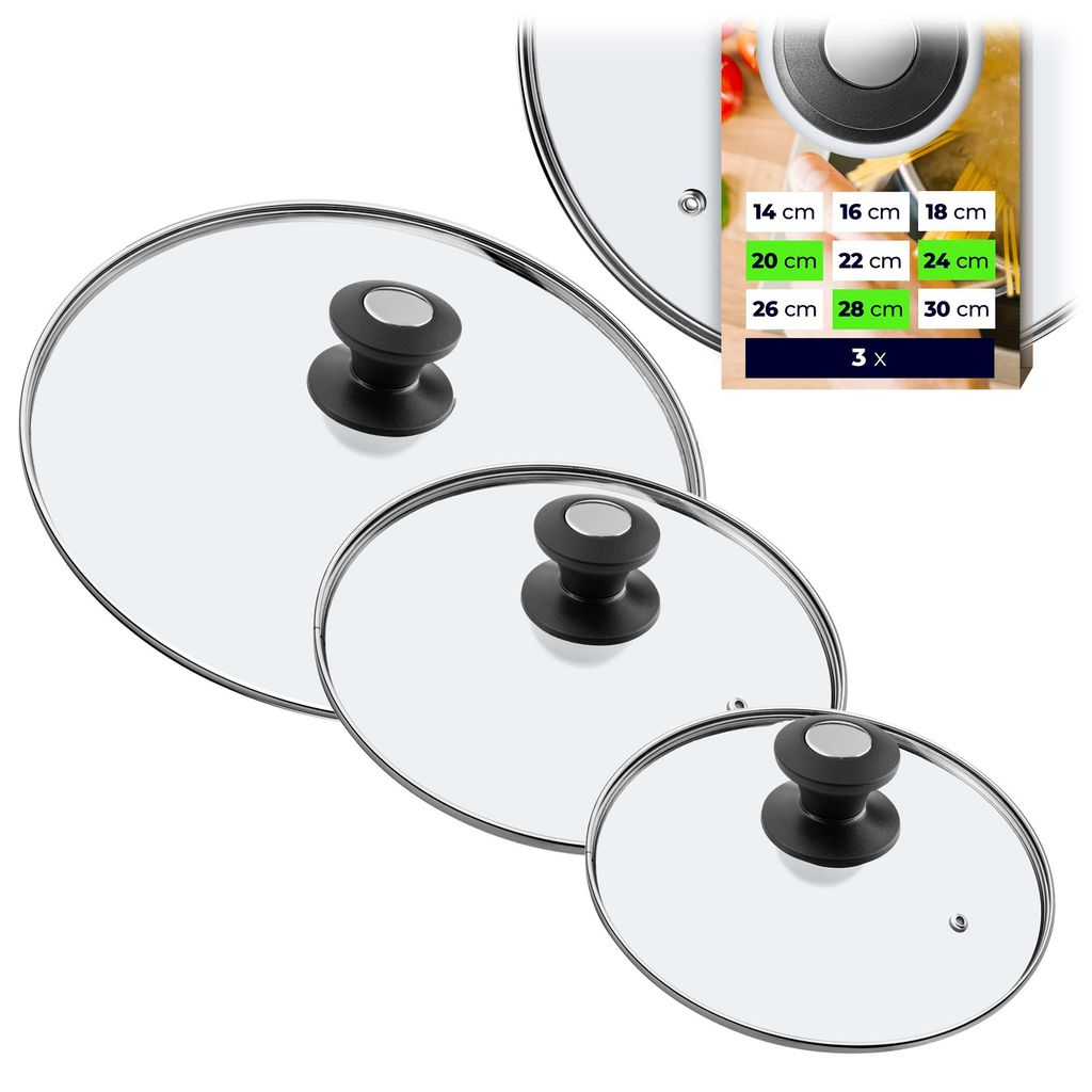 A collage of glass pot lids of different sizes, with a text overlay showing sizes and quantity.