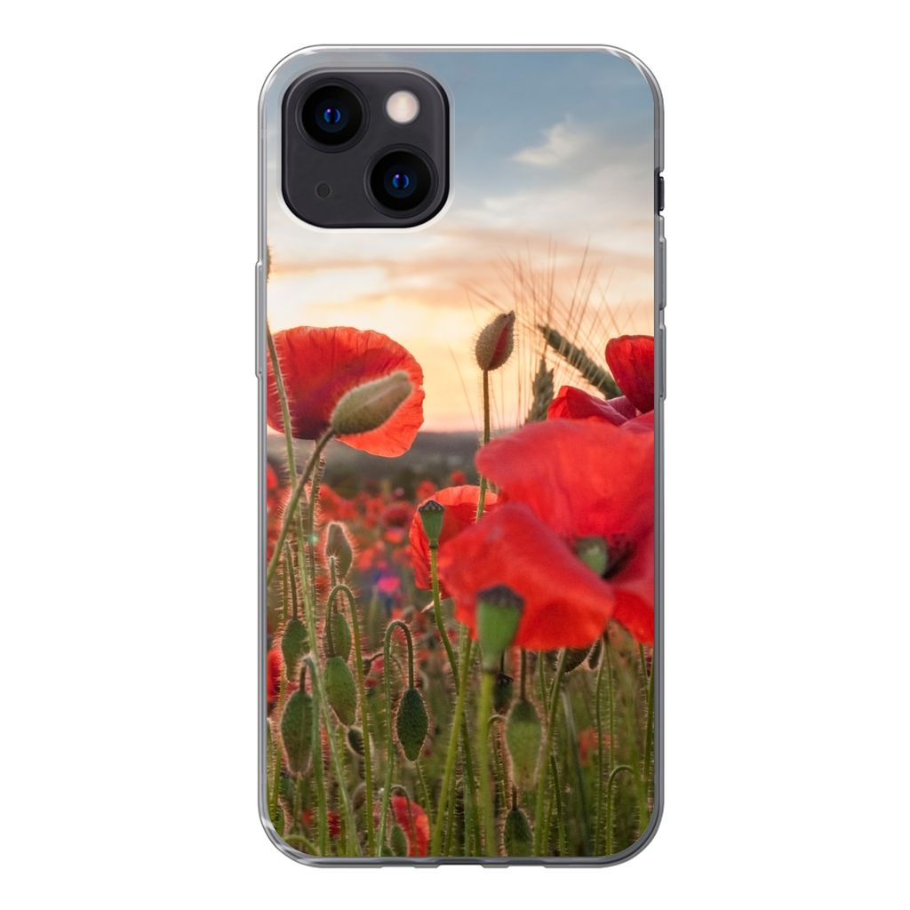 MuchoWow Handyhülle Schutzhülle Hülle für iPhone 13 mini Sonnenuntergang hinter den schönen Mohnblumen Silikon Softcase Handy Hülle - Softcase
