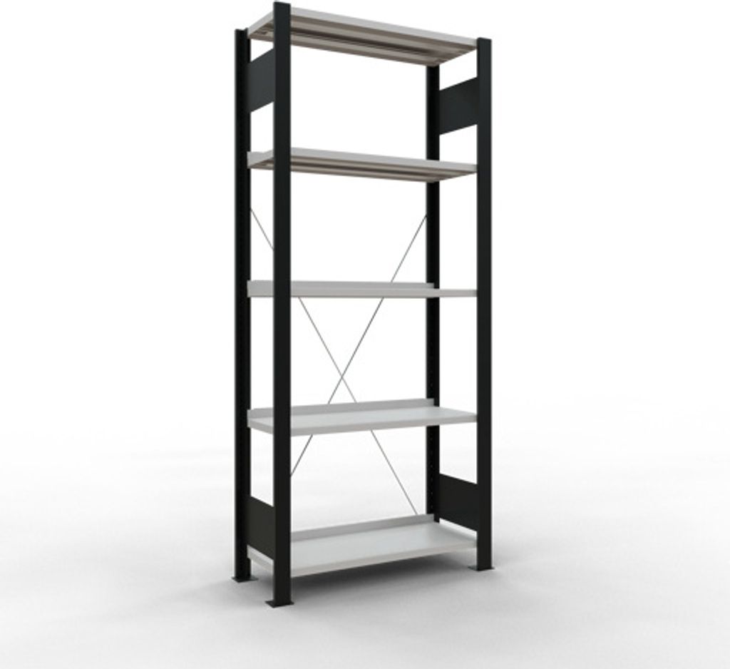 Schulte Büro-Fachbodenregal MULTIplus85 Stecksystem mit Anschlagleiste | Grundregal | Fachlast 85kg | HxBxT 180x75x30cm | 5 Ebenen | Einseitig nut...