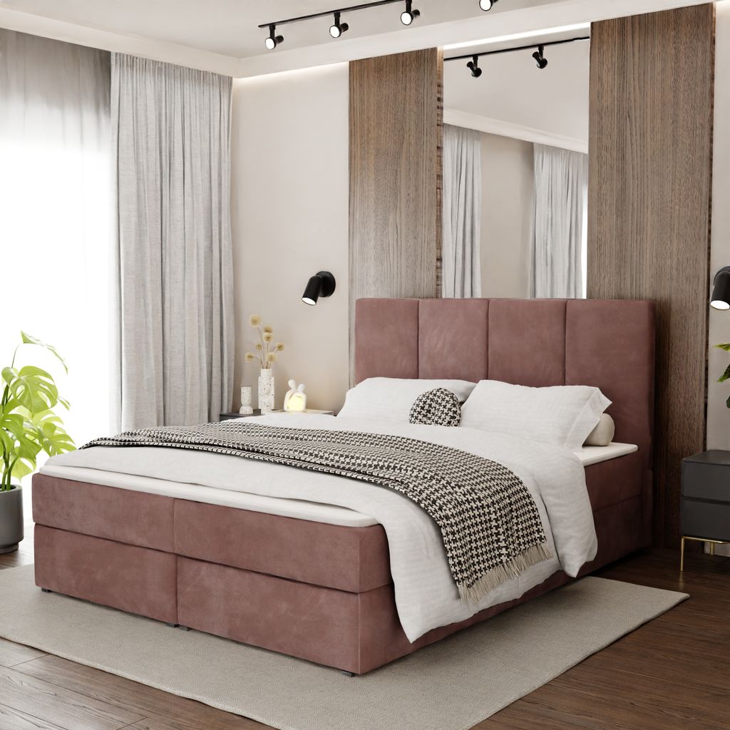 Muralo KONTINENTALBETT für Schlafzimmer Polsterbett mit zwei Bettkasten Bett mit Polsterkopfteil Doppelbett 180x200 Bett mit Stauraum Altrosa