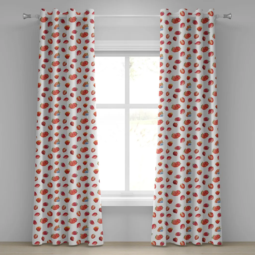 ABAKUHAUS Tenda con occhielli acquerellata, motivi artistici maturi fragole e mirtilli gustosi frutti freschi, tende decorative a 2 pannelli per finestre, 280 cm x 225 cm, blu-grigio vermiglio - 1