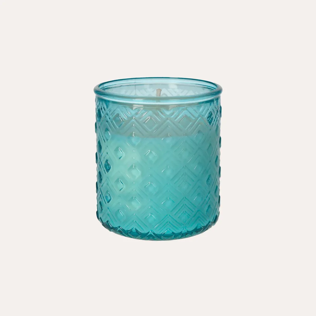 Bougie d'ambiance bleue parfumée pour une atmosphère zen et fruitée