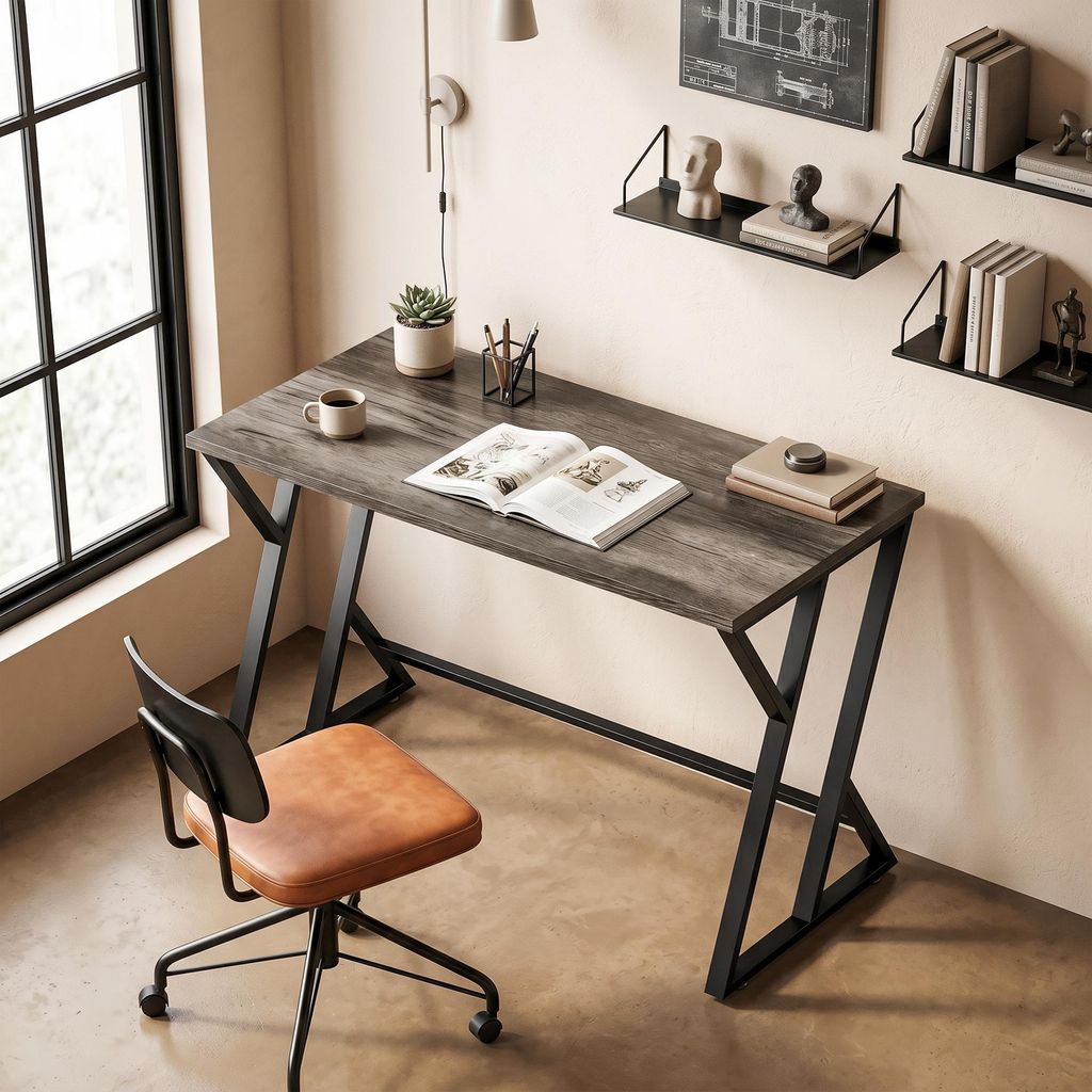 Schreibtisch Industrial Z-Fuß, Computertisch Bürotisch Spanplatte Metallgestell, Holzoptik Grau | 120 x 60 x 76,5 cm | 20,5 kg | stabiler Z-Rahmen