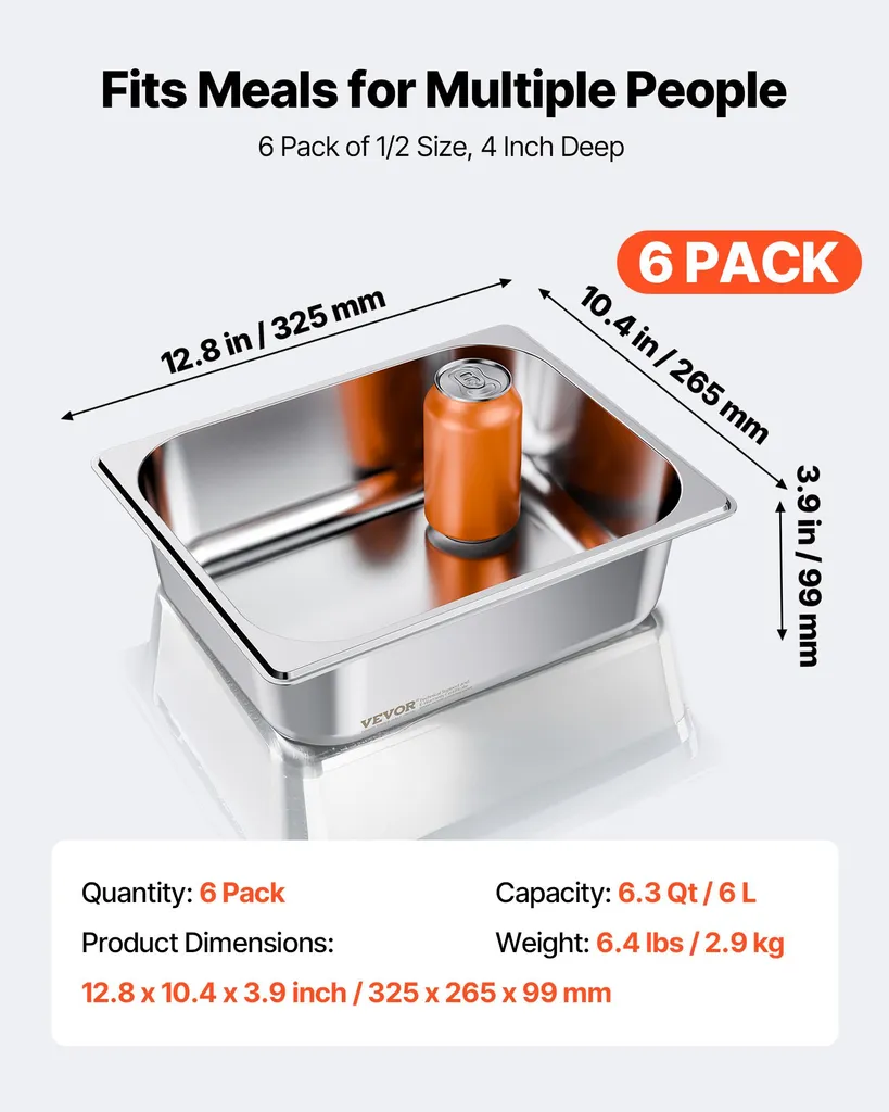 VEVOR Vaschette Inox GN 1/2 - 6 Pezzi da 6L per le tue Feste in Famiglia - 3
