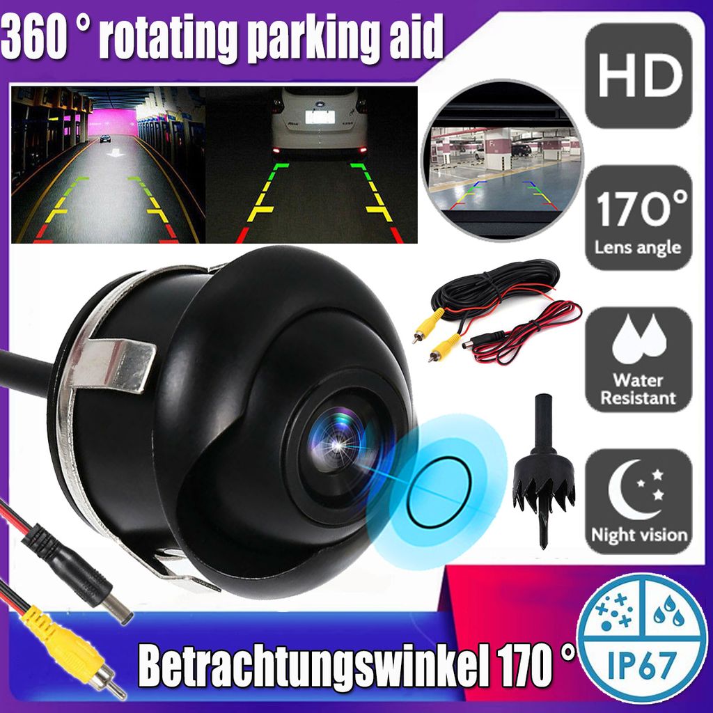 ETiME Mini Rückfahrkamera 170° Winkel wasserdicht Auto Sensor Rückansicht Kamera Einparkhilfe Rückfahrsystem PKW Schwarz 