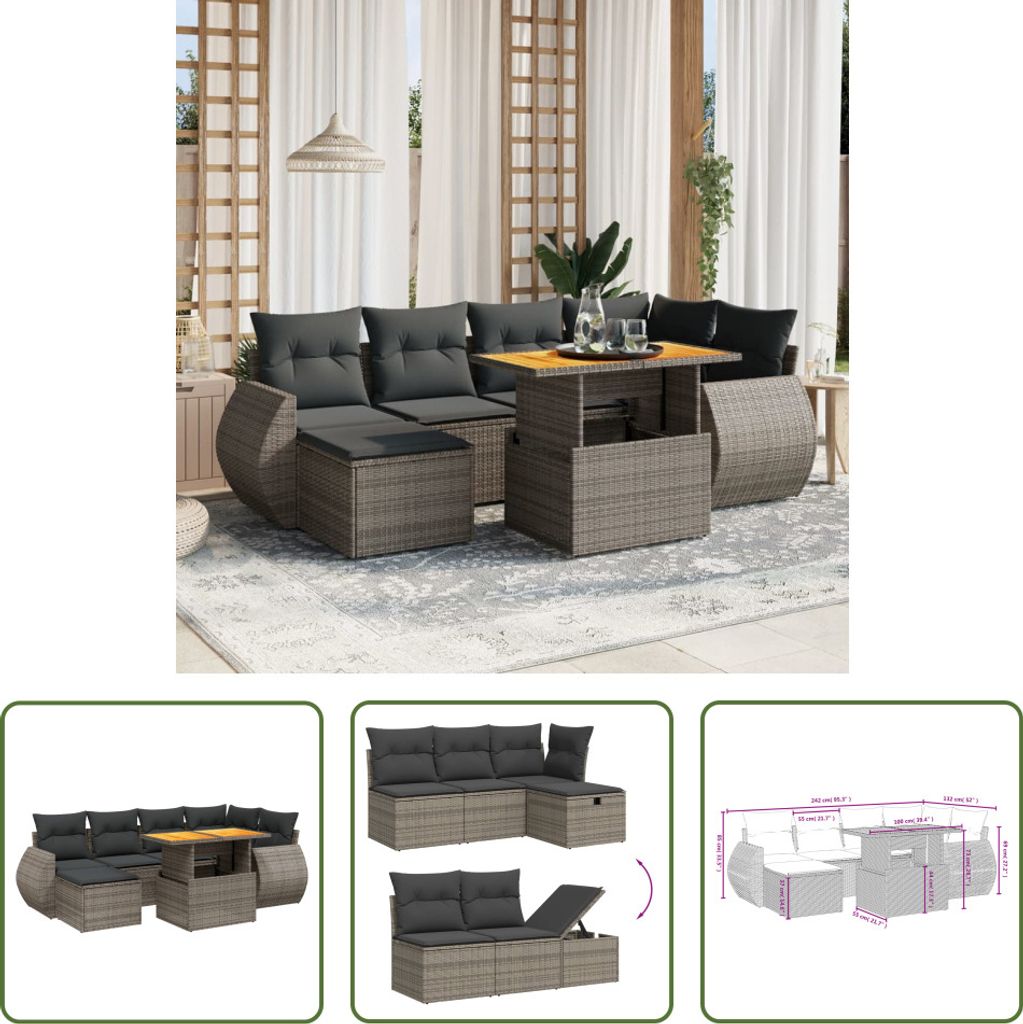The Living Store 7-tlg. Garten-Sofagarnitur mit Kissen Grau Poly Rattan