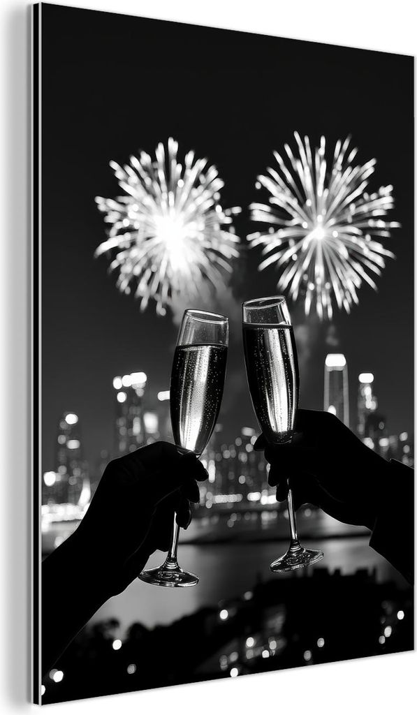 MuchoWow Wanddekoration Metall Metallbild Wandkunst 60x80 cm Feuerwerk - Prost - Skyline - Champagner MuchoWow Aluminium Gemälde - Wanddekoration ...