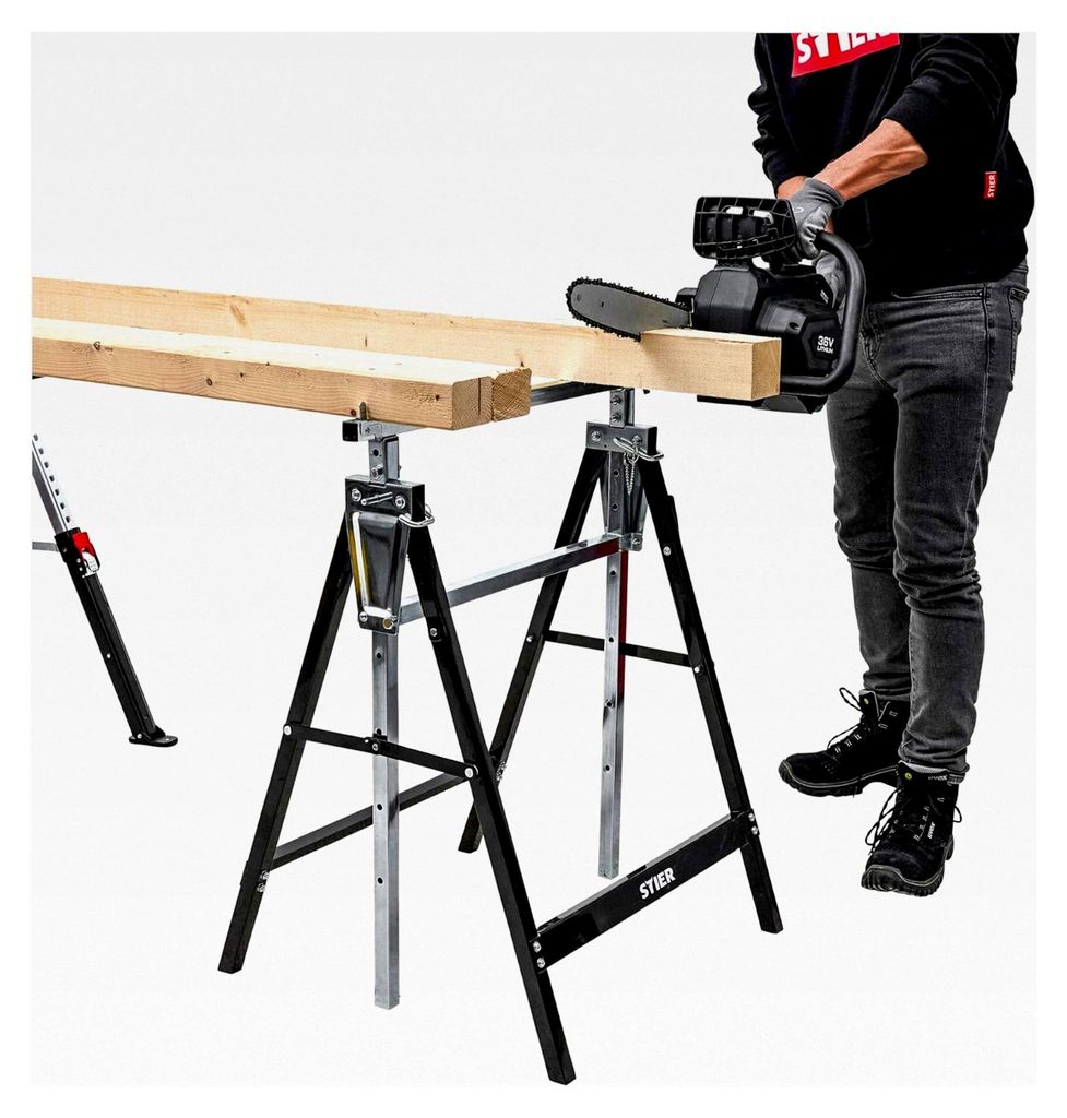 Teleskop-Arbeitsbock, Tragkraft 200 kg, höhenverstellbar von 82 bis 130 cm, aus Stahl-Vierkantrohr, kratzfeste Kunststoffbeschichtung, mit Rasthak...