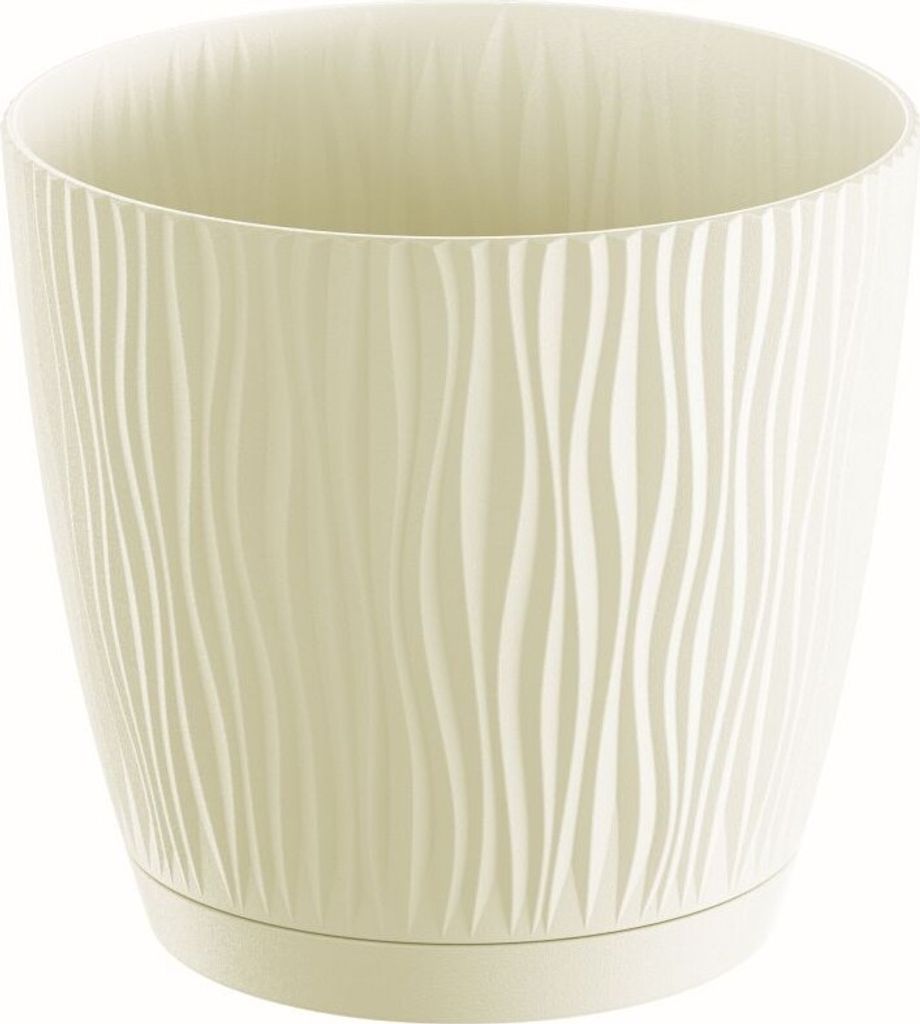 A cream-colored plant pot with a textured wavy pattern and a matching saucer, isolated on a white background.