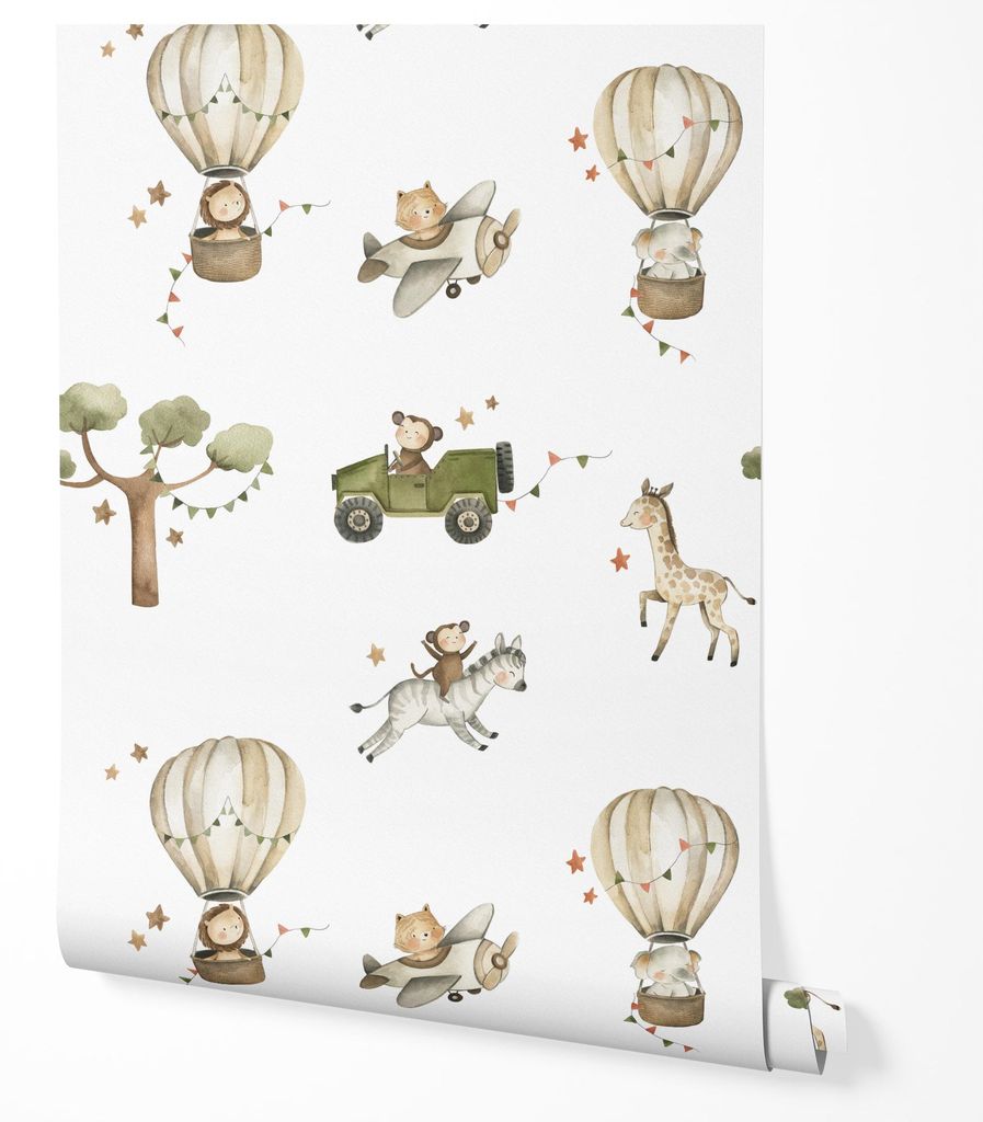 Vliestapete Safari Tiere Affe Giraffe Zebra Heißluftballon Flugzeug Auto Dschungel Kinderzimmer Schlafzimmer Flur UV-beständige Tapete 5m x 0.5m