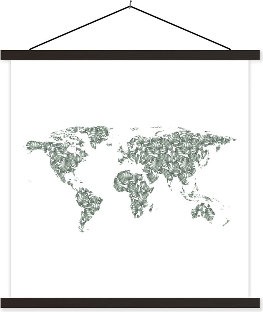 MuchoWow Textilposter Weltkarte - Blätter - Weiß 90x90 cm mit schwarzem Rahmen - Magnetisches