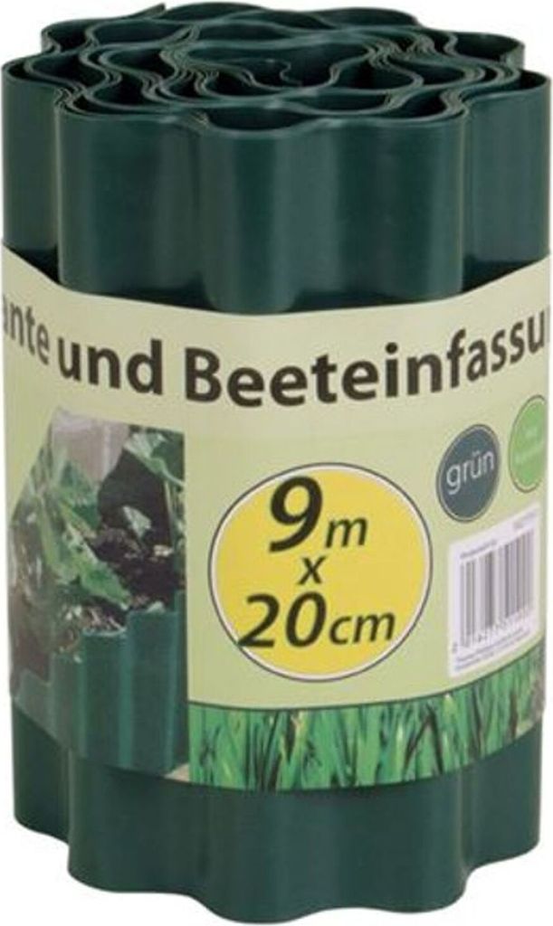 A roll of green plastic garden edging is shown, with a label wrapped around it.