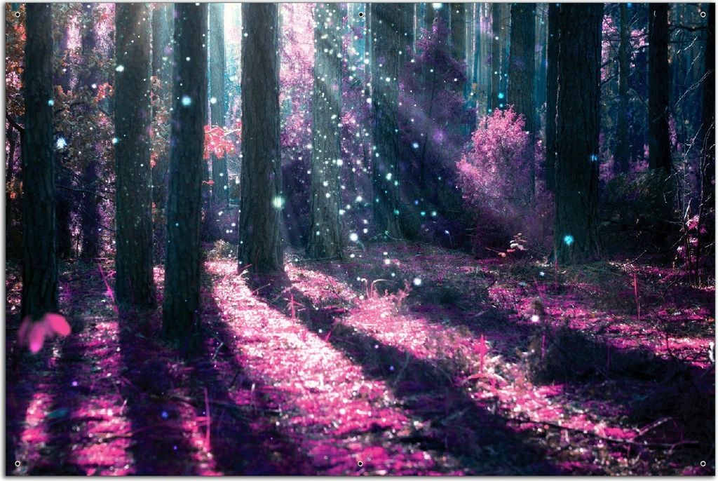 Wallario Outdoor-Poster für Garten oder Balkon, Motiv Fantasie im Wald - Pinke Blumen in der Sonne, in ca. 61 x 91,50 cm