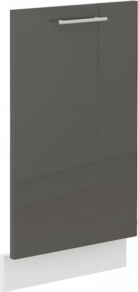 A close-up, studio shot of a gray cabinet door with a white base.