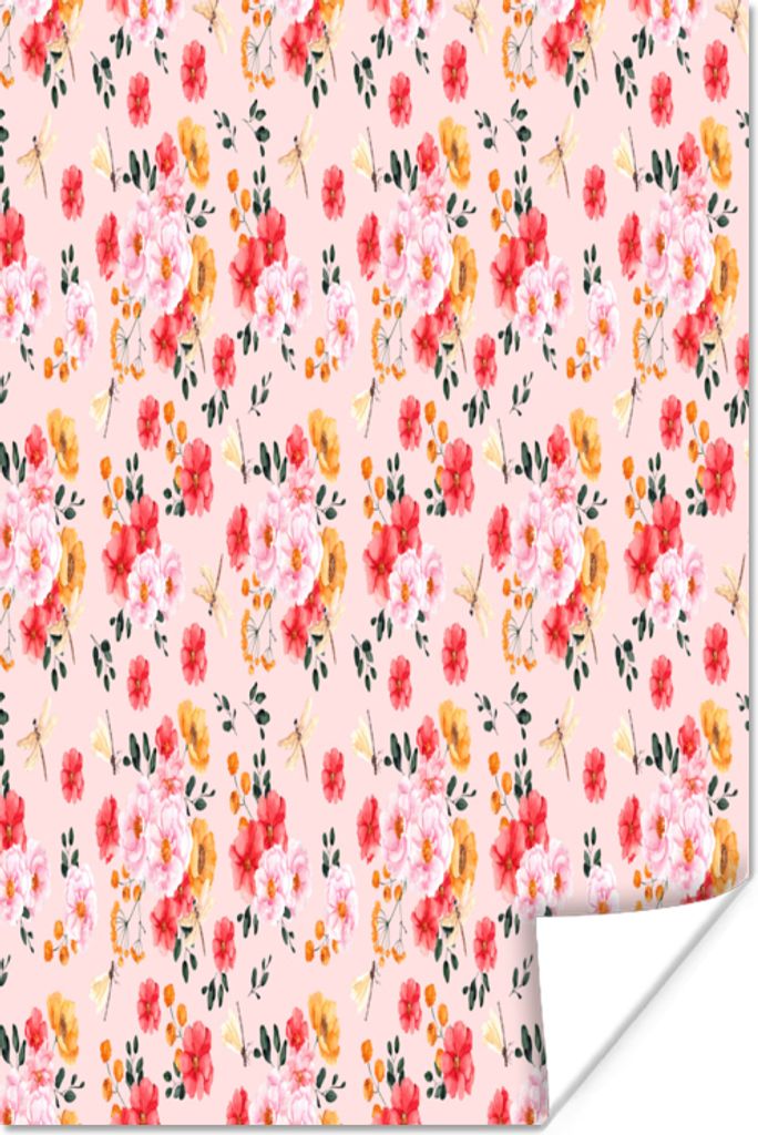 MuchoWow Poster Blumen - Rosa - Muster 40x60 cm - Plakate für die Wand - Poster Babyzimmer