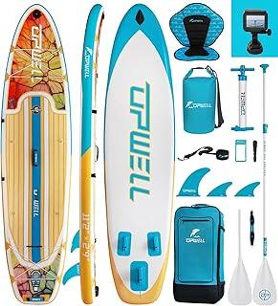 UPWELL Premium Stand Up Paddling Board Aufblasbar, SUP Board Set mit Sitz und Kamerahalterung, 204kg Tragkraft für 2 Personen, Komplettes Zubehör...