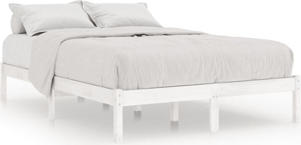 A white wooden bed frame with white bedding and pillows, shown from a side angle against a white background.