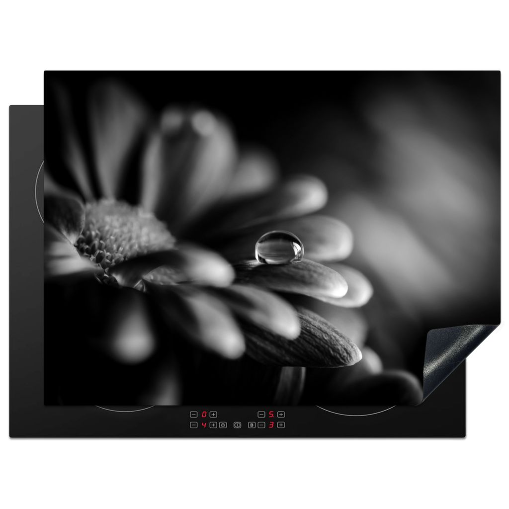 KitchenYeah Herdabdeckplatte Wassertropfen auf einer Blume - schwarz und weiß , 70x52cm, Küche Deko, Glaskeramikkochfeld Herdabdeckung, Abdeckp...