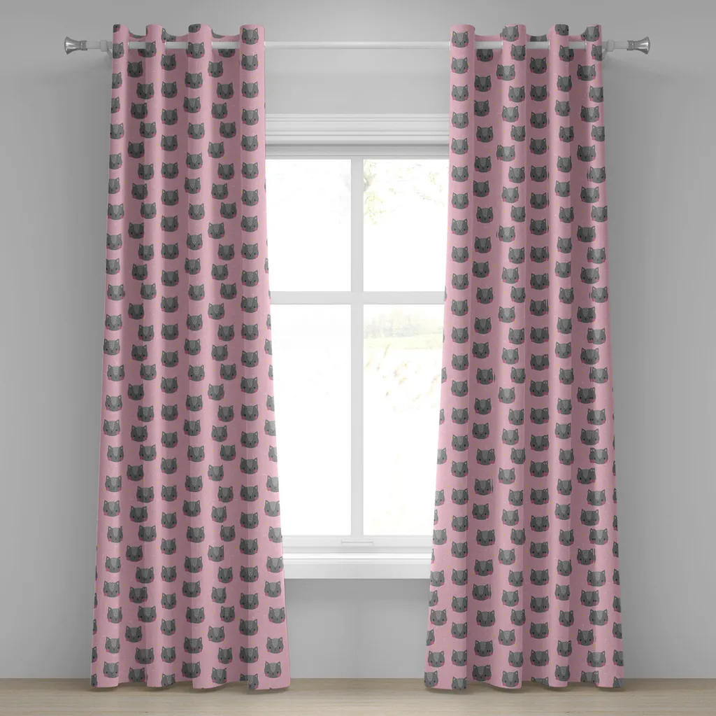 Rideaux décoratifs 2 panneaux motif Chat Gris et Rose 280x175 cm