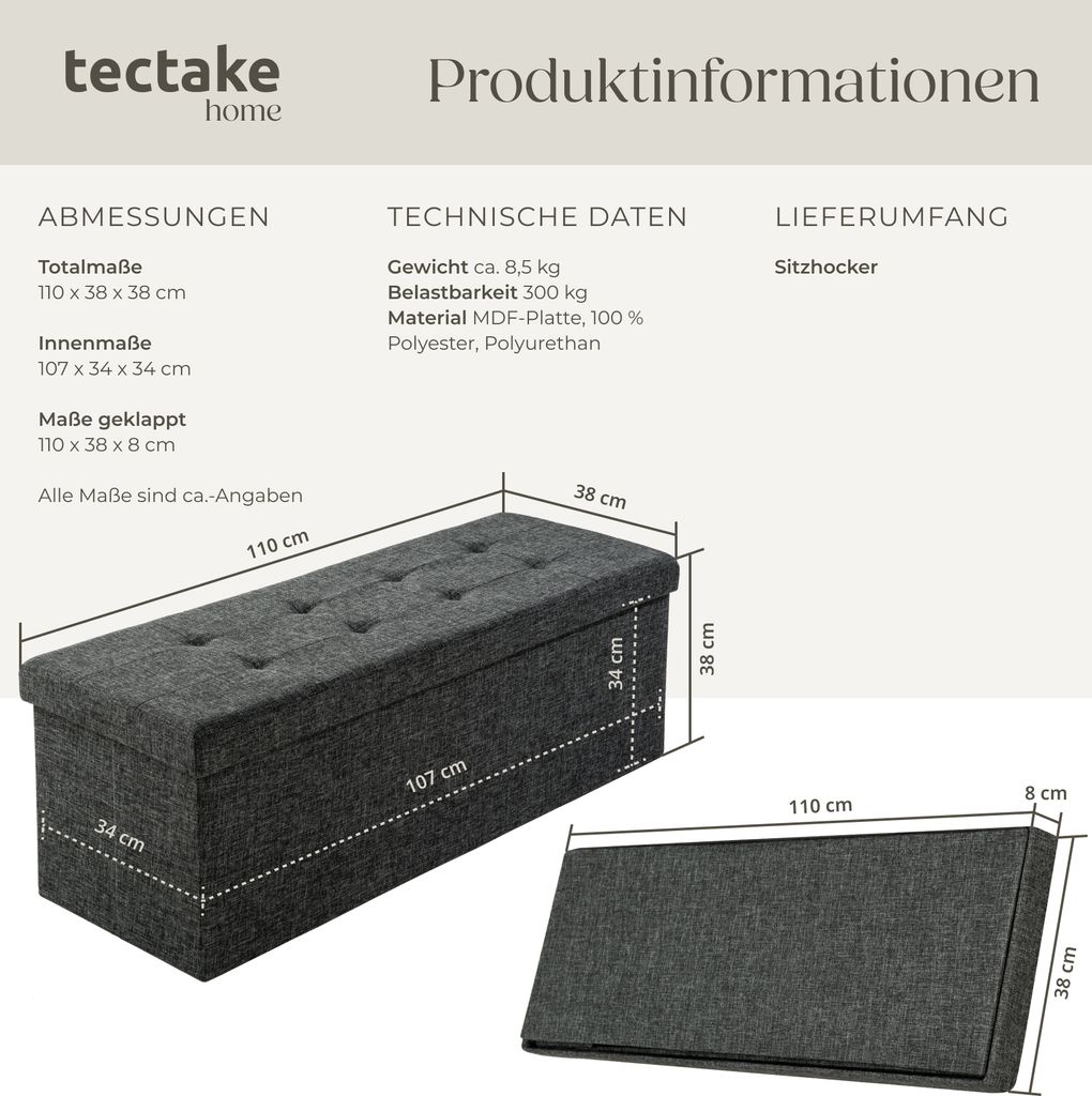 Sitzhocker mit Stauraum 110 x 38 x 38 cm Produktbild 5