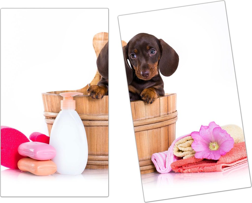 Spritzschutz Herdabdeckplatte Schneidebrett aus Glas Hund in Badeeimer 2-Teilig (60x52cm)