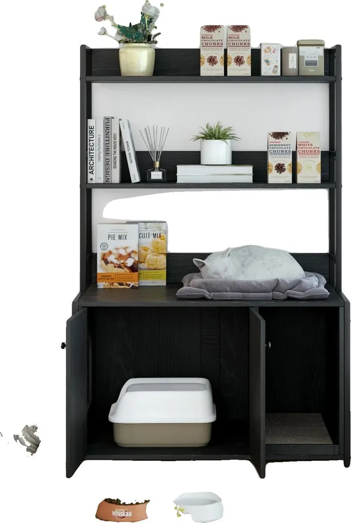 Solution litière pour chat dissimulée noire avec plateau de rangement