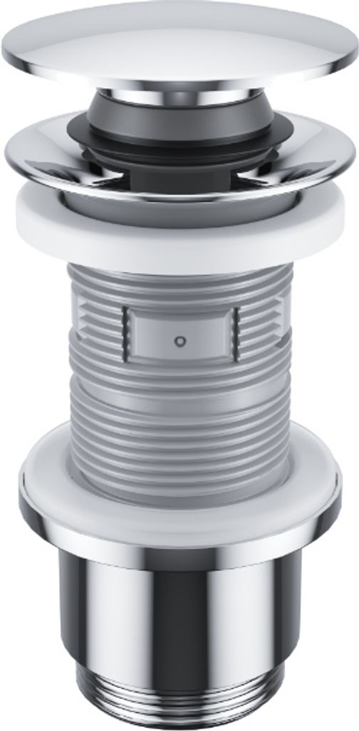 A chrome pop-up drain stopper for a sink.