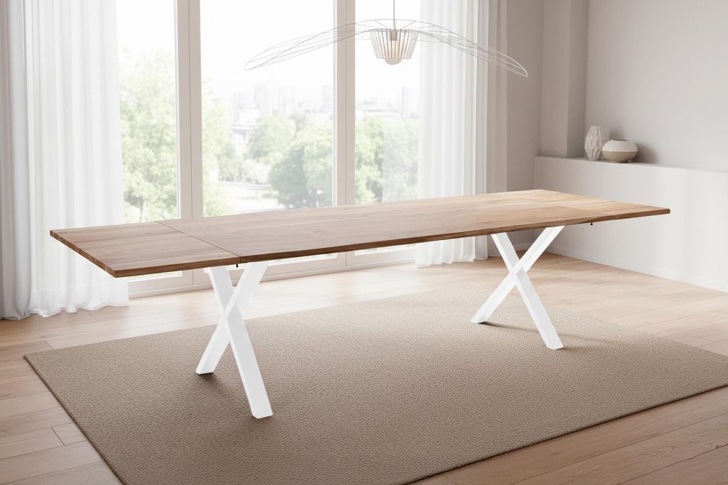 Esstisch Baumkante Akazie natur 200(300)x100 Ansteckplatten X-Gestell weiß AVINO
