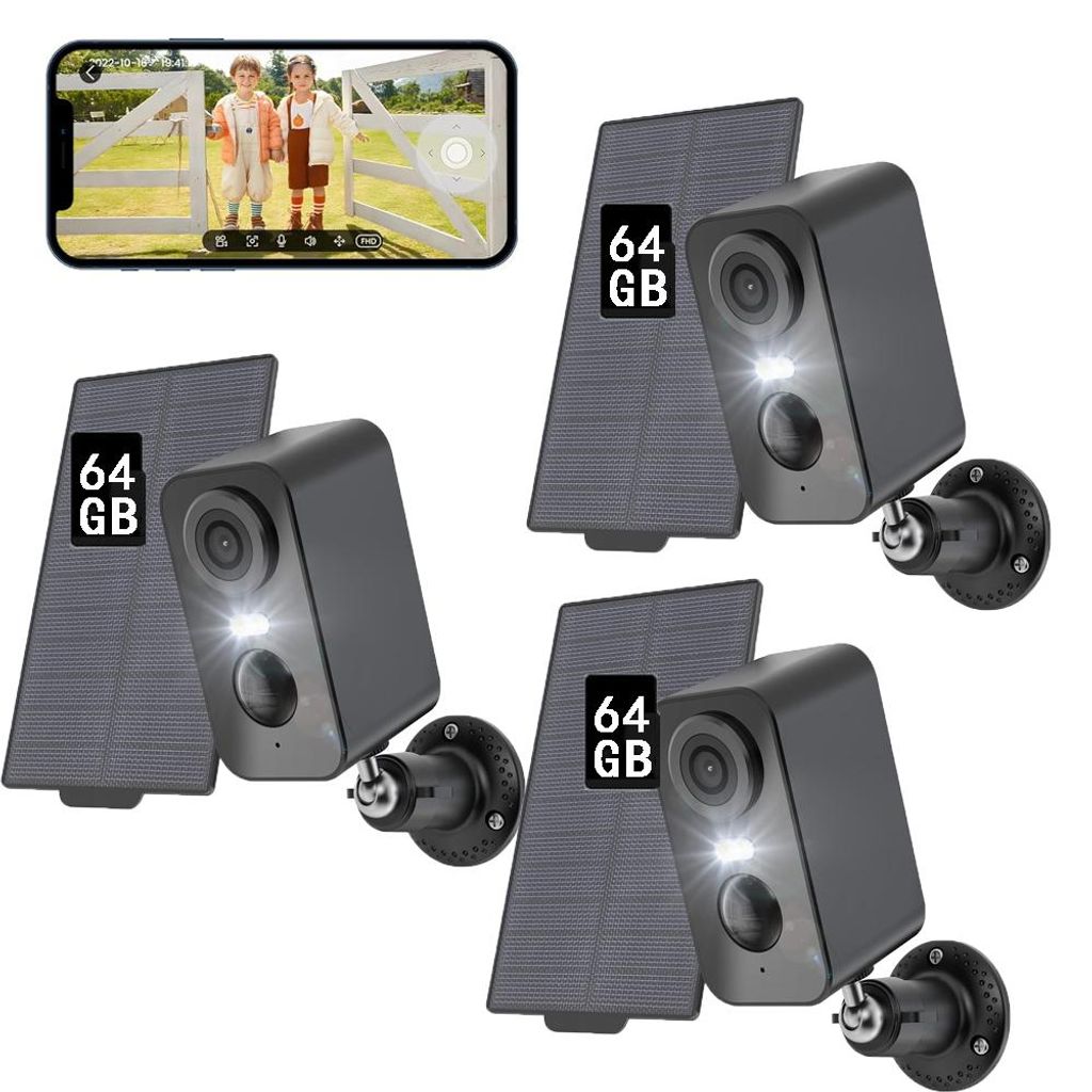 3 Stücke Kamera Überwachung Aussen, 2K Auflösung, Überwachungskamera Aussen Akku, Solar 64GB Speicher Karte