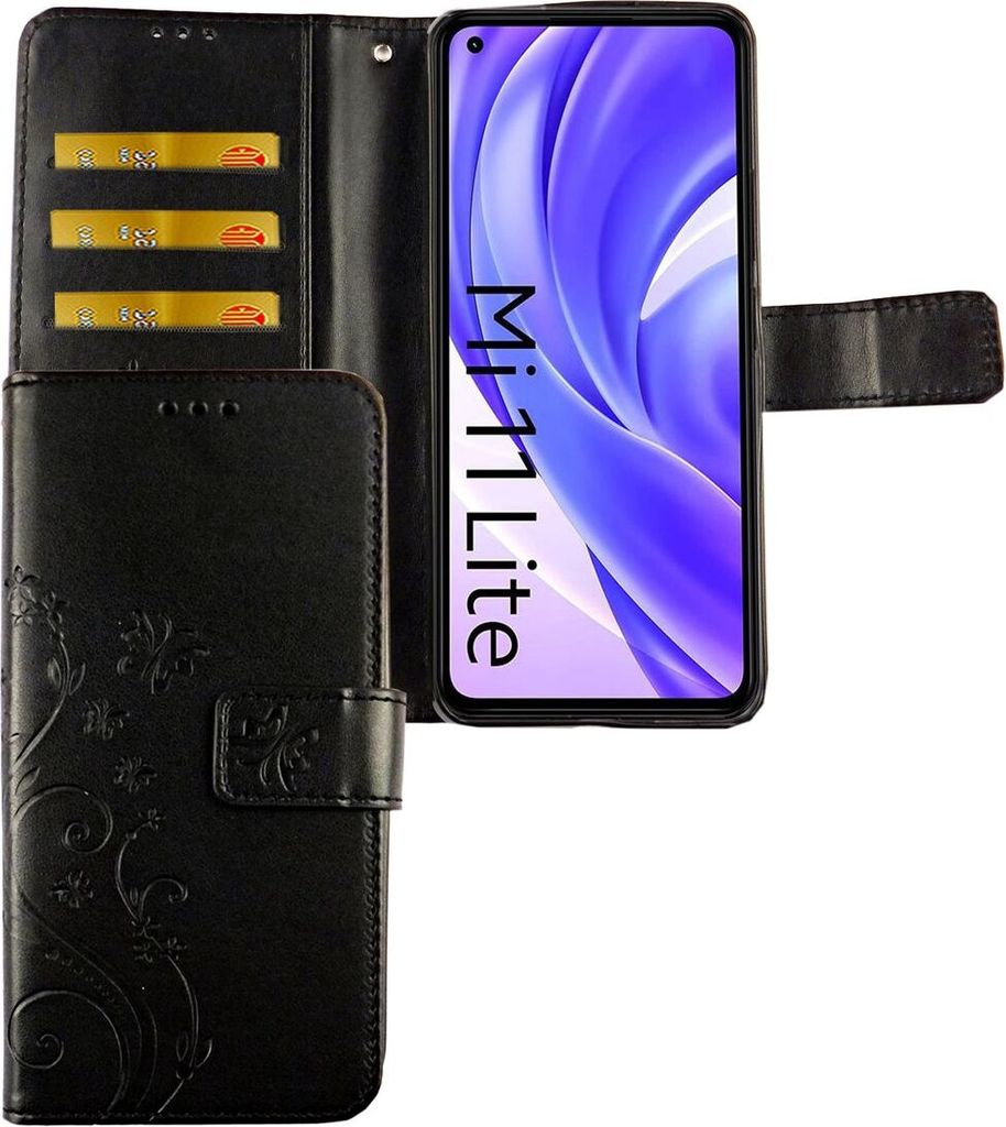 Xiaomi Mi 11 Lite Tasche Handy Hülle Schutz-Cover Flip-Case mit Kartenfach, Farbe:Blumen Schwarz