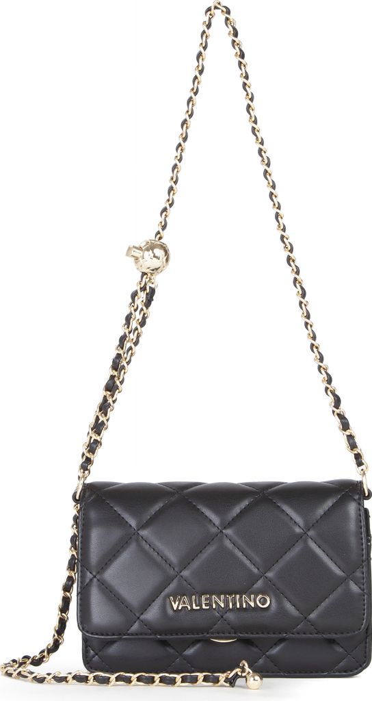 A black quilted Valentino shoulder bag with a gold chain strap is shown against a white background.