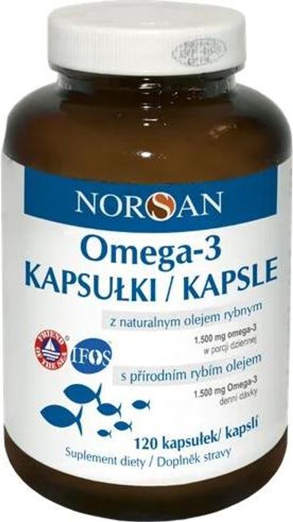 A bottle of Norsan Omega-3 fish oil capsules on a white background.