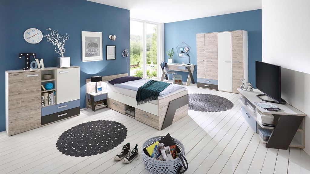 Jugendzimmer Set Nona Kinderzimmer 6-teilig Sandeiche weiß mehrfarbig