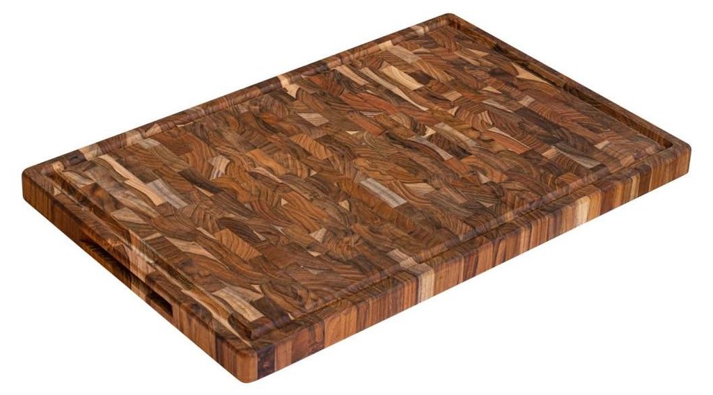 XXL-Schneidebrett aus brasilianischem Teakholz | 58 x 38 x 3,2 cm | Mit Saftrille, Griffen und rutschfesten Füßen | | 100 % nachhaltig