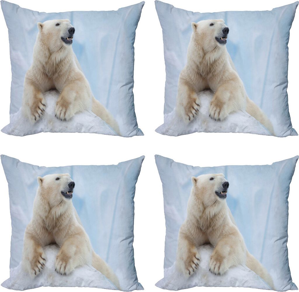 ABAKUHAUS Zoo Kissenbezug Set (4 Stück), Weiß Eisbär auf Eis, Moderner Doppelseitiger Digitaldruck, 40 cm x 40 cm, Blassblau Creme Weiß