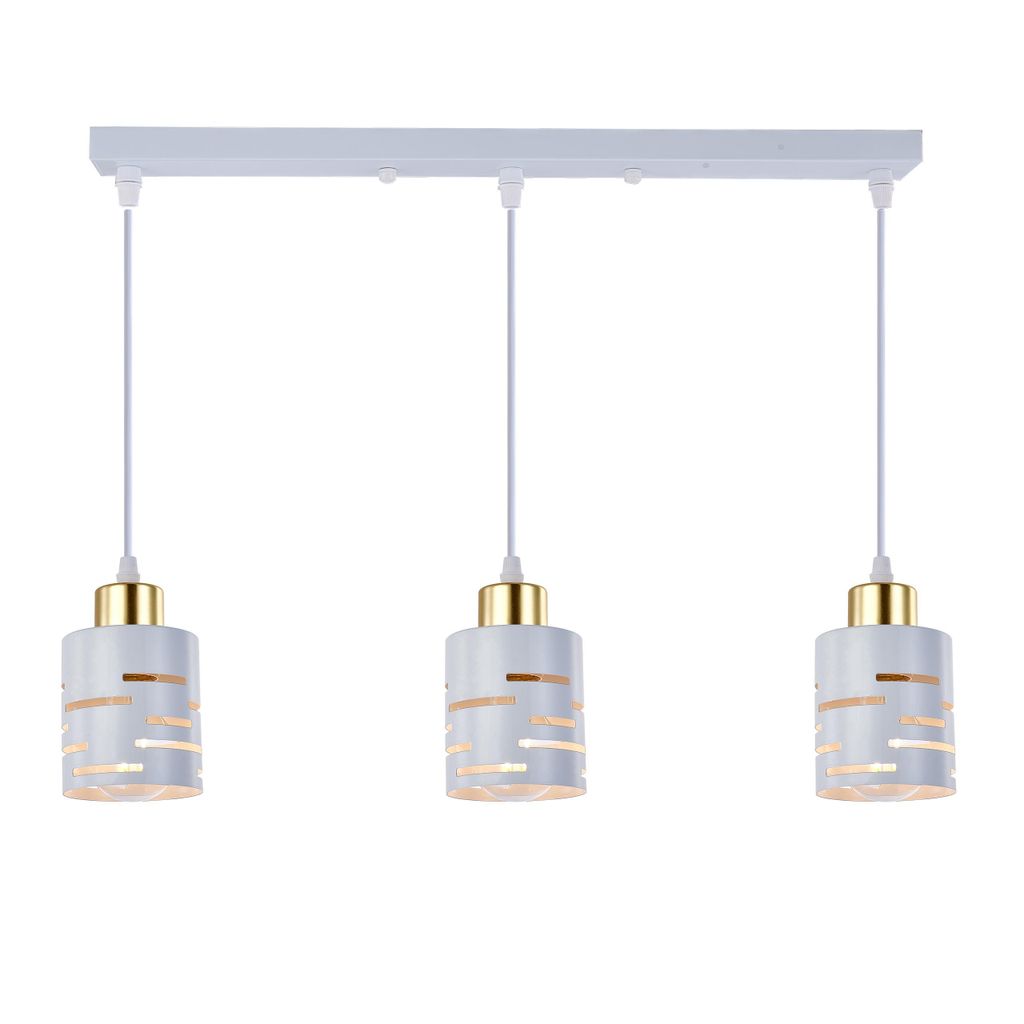 A three-light pendant lamp with white and gold cylindrical shades, suspended from a white bar.